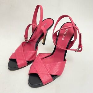 BEBE Pink Leather Ankle Wrap Heels Pumps 6 B Open Toe Womens Shoes
